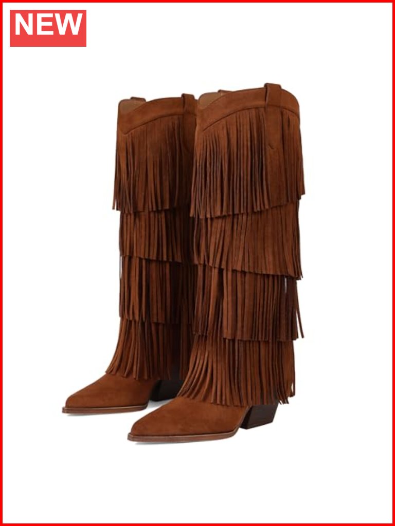 Fringe Knee High Cowboy Boots Chunky Heel Pointed Toe Slip On Western Boots